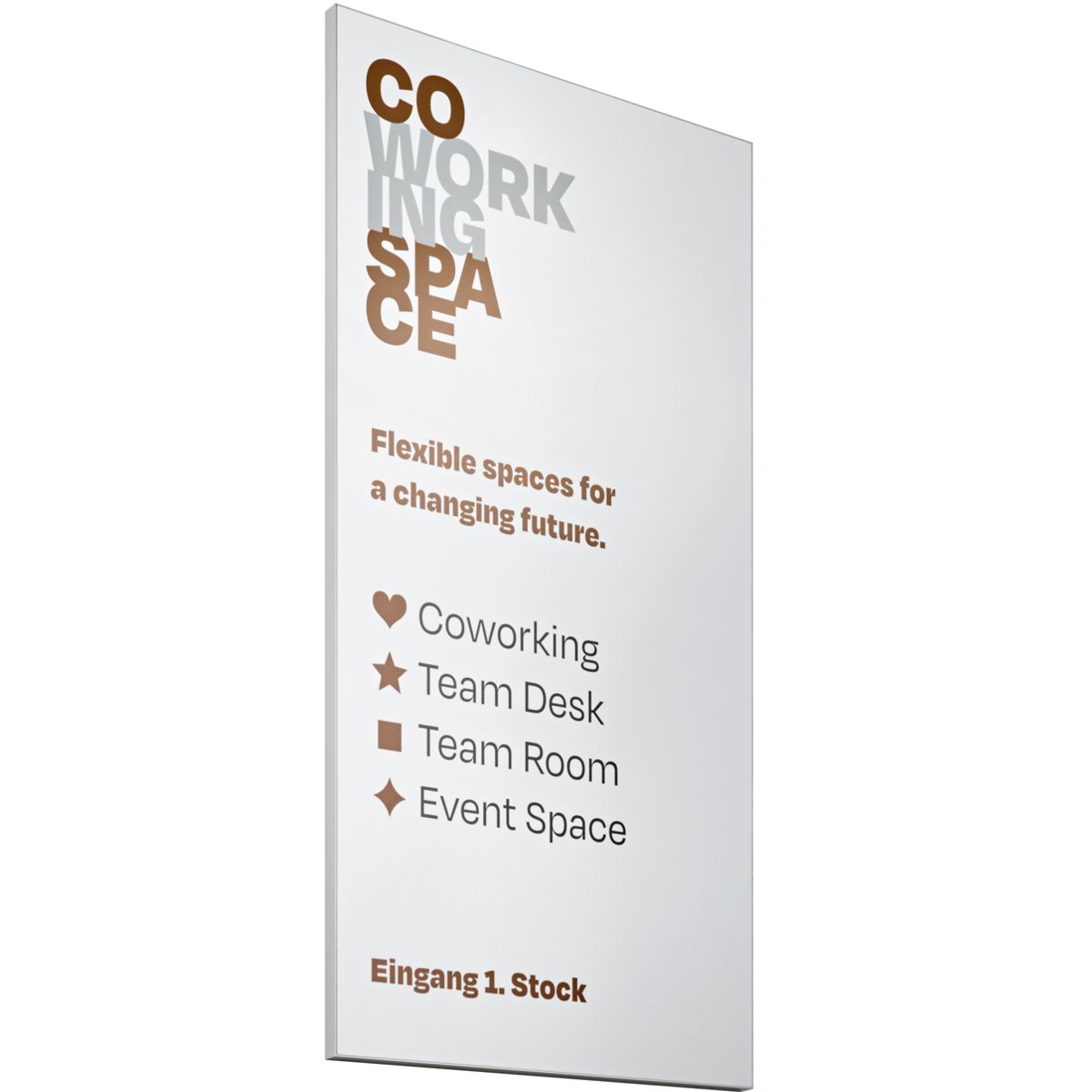 Wandschild, Modell Madrid, 850 x 450 mm, Hochformat oder Querformat, Silber, Beschriftung direkt auf den Artikel