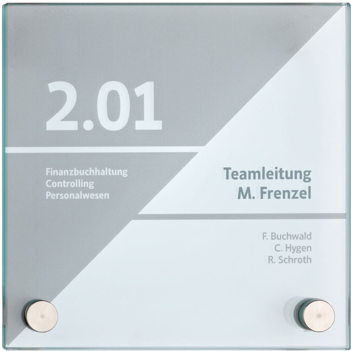 Türschild, Modell Galerie, ESG, 150 x 150 mm, 2 Abstandhalter (15 mm Wandabstand, gesichert mittels Madenschraube)