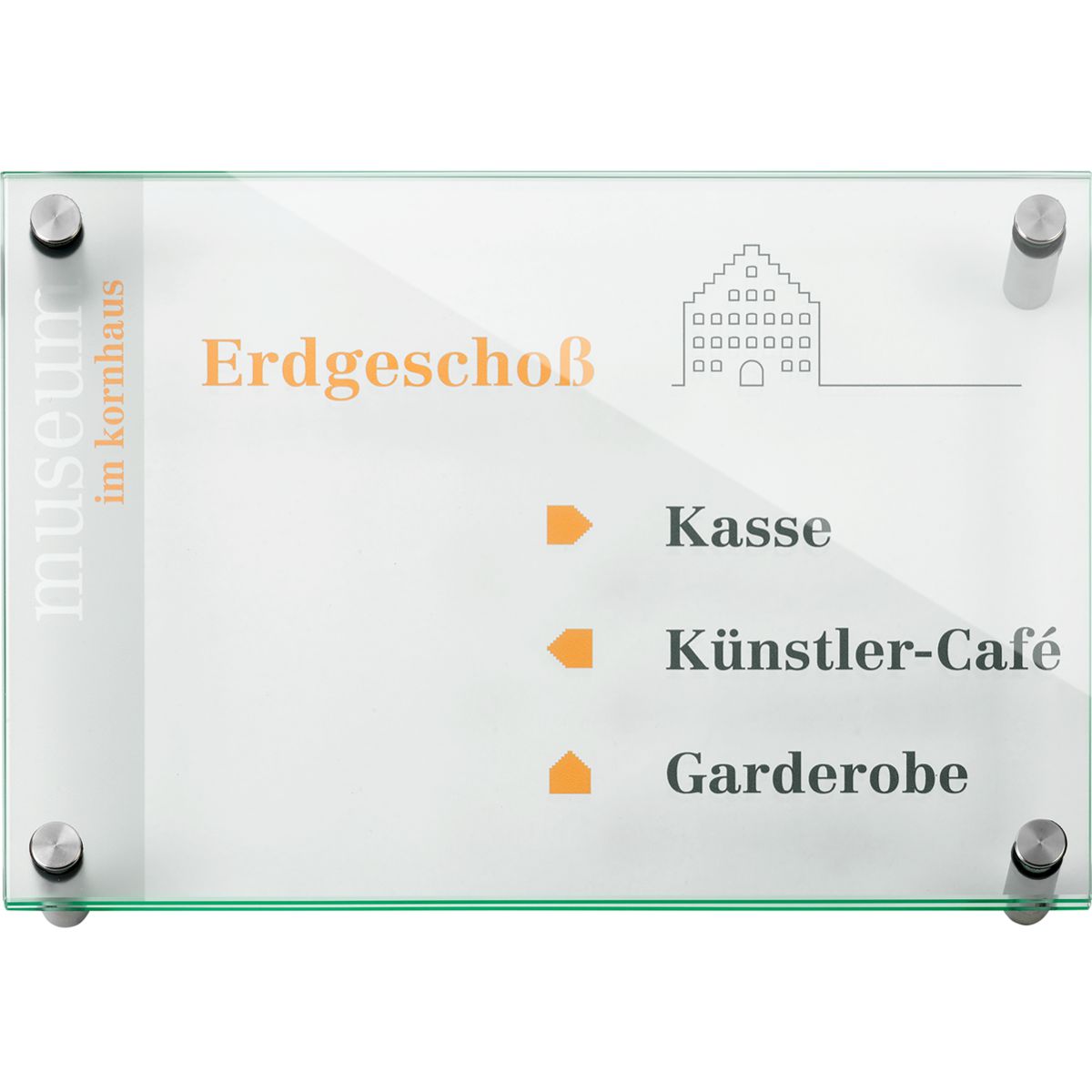 Wandschild, Modell Galerie, 2 Scheiben ESG, DIN A4 (210 x 297 mm), 4 Abstandhalter (25 mm Wandabstand, mit Bolzen)
