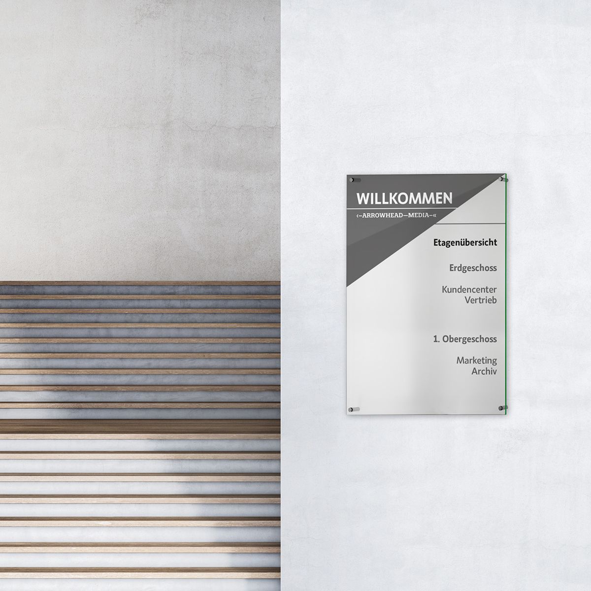 Wandschild, Modell Galerie, 1 Scheibe ESG, 750 x 500 mm, 4 Abstandhalter (25 mm Wandabstand, gesichert mittels Madenschraube)