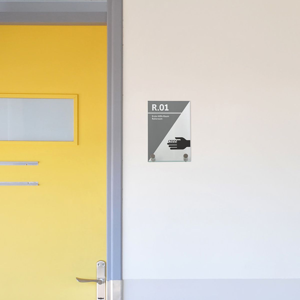 Türschild, Modell Galerie, ESG, 200 x 130 mm (H x B), 2 Abstandhalter (25 mm Wandabstand, mit Bolzen)