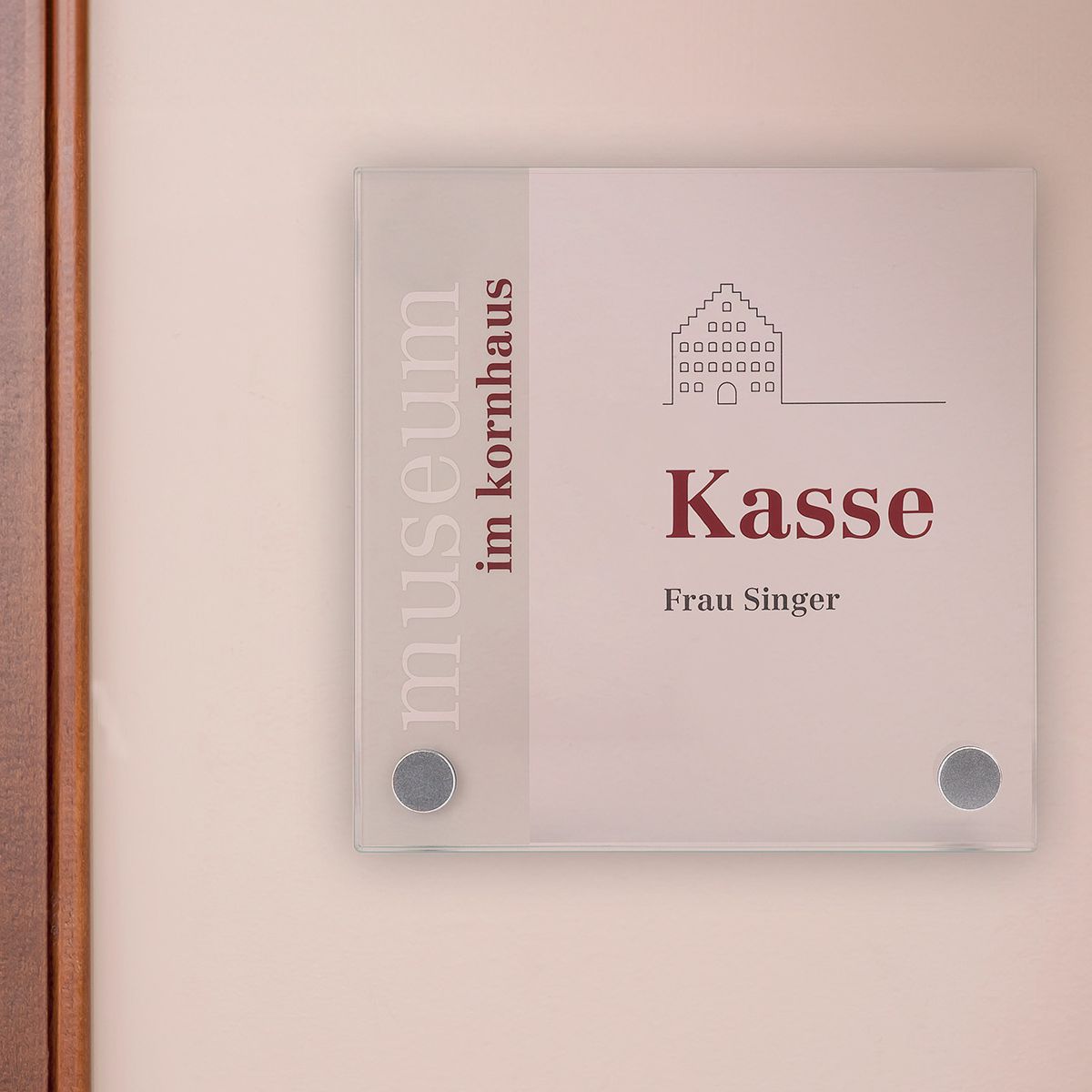 Türschild, Modell Galerie, ESG, 150 x 150 mm, 2 Abstandhalter (15 mm Wandabstand, mit Schraube)