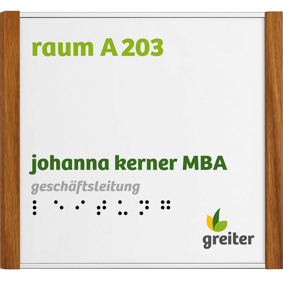 Taktiles Türschild, Modell LMH in Silber, 150 x 160 mm (H x B), Holzrahmen Eiche, Klebemontage