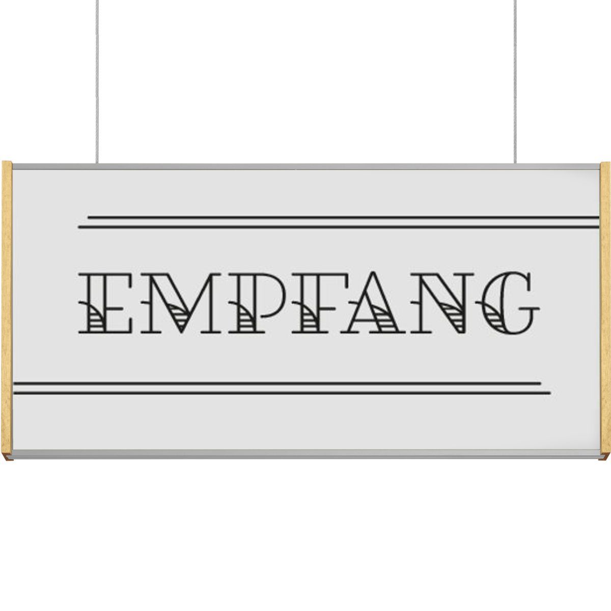 Deckenhänger (Hängeschild), Modell LMH, 150 x 309 mm (H x B), Rahmen aus Aluminium kombiniert mit Holz, für Einleger Deckenhänger (Hängeschild), Modell LMH, 150 x 309 mm (H x B), Rahmen aus Aluminium kombiniert mit Holz, für Einleger