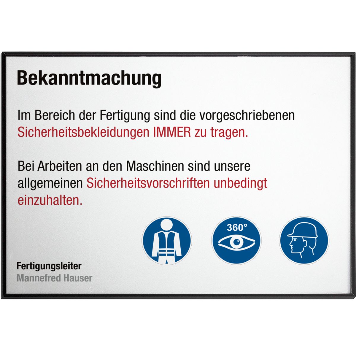 Wandschild, Modell Madrid, ~ DIN A4, Querformat, Schwarz, Beschriftung mit Einleger