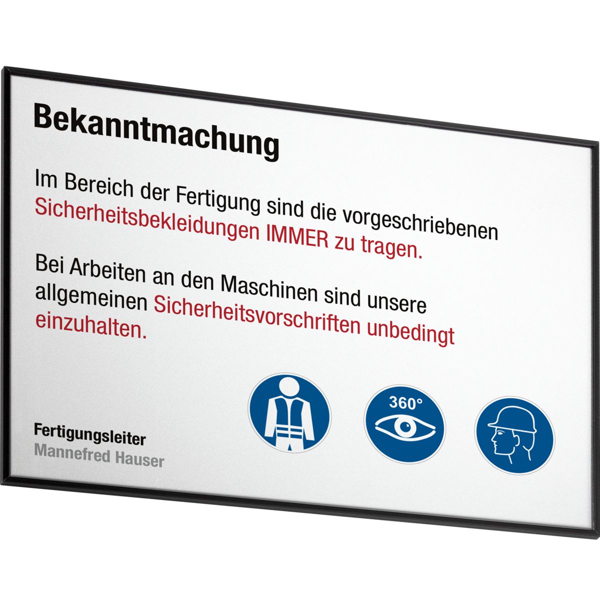 Wandschild, Modell Madrid, ~ DIN A4, Querformat, Schwarz, Beschriftung mit Einleger