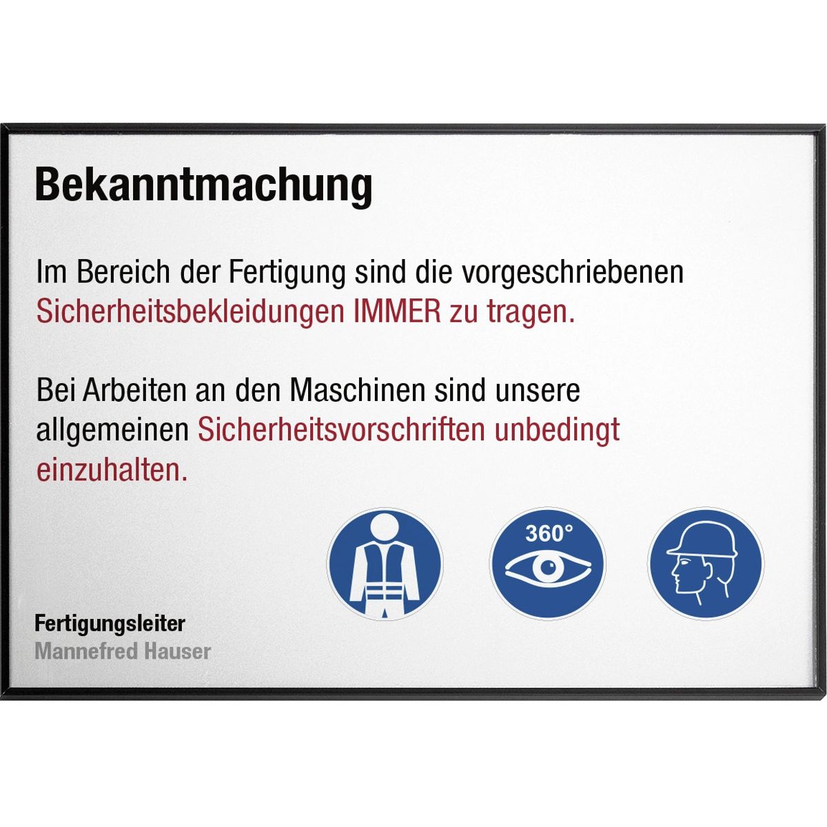 Wandschild, Modell Madrid, ~ DIN A4, Querformat, Schwarz, Beschriftung mit Einleger, Entnahmesicher