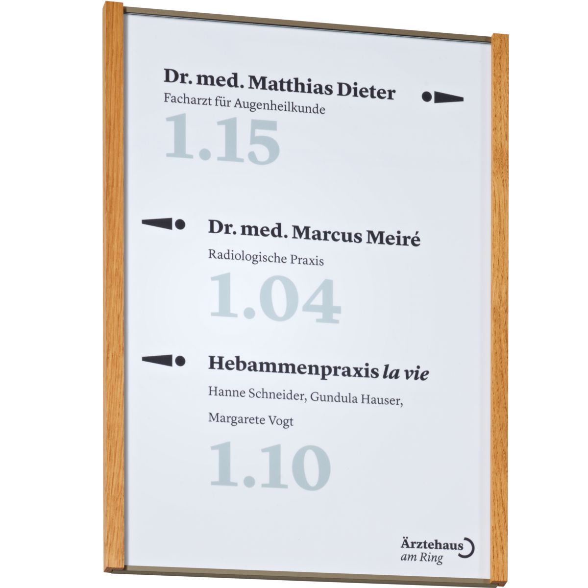 Wandschild, Modell LMH, ~ DIN A4, Hochformat, Holzrahmen Eiche kombiniert mit bronzefarbenem Aluminium