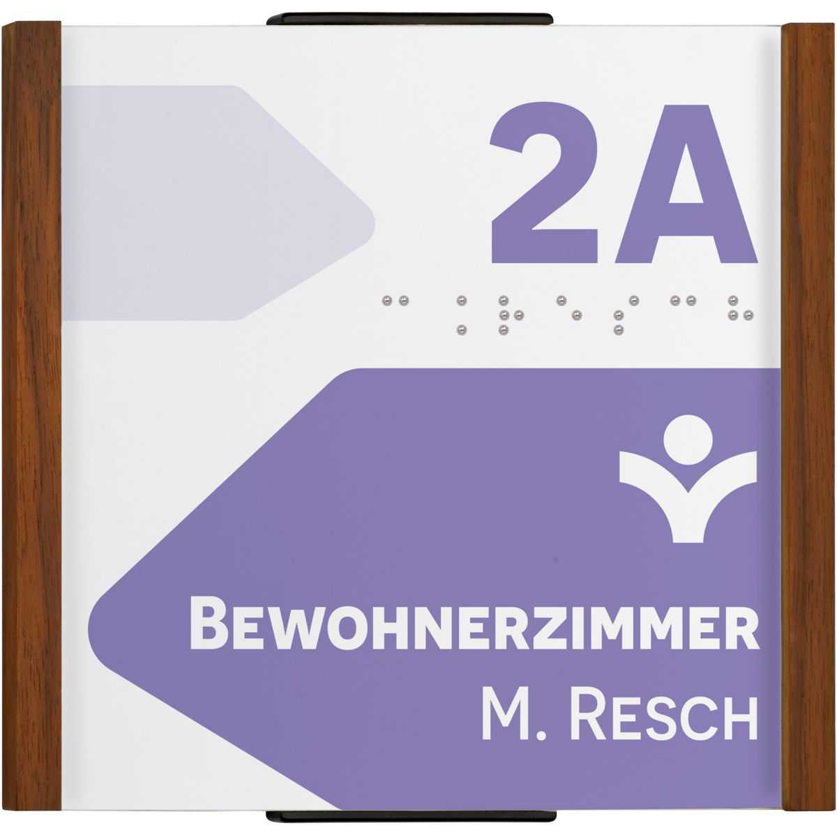 Taktiles Türschild, Modell LMH, 148 x 160 mm (H x B), Holzrahmen Nussbaum, Klebemontage, mit Kappen, Braille mit hochwertiger Kugeltechnik