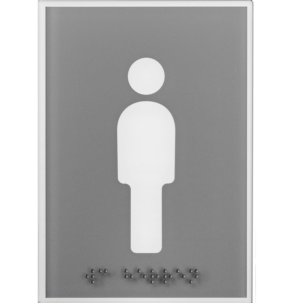 WC Schild Herren aus Glas mit hellgrauem Motiv, 148 x 105 mm (H x B), Klebemontage, mit tastbarer Braille Schrift WC Schild Herren aus Glas mit hellgrauem Motiv, 148 x 105 mm (H x B), Klebemontage, mit tastbarer Braille Schrift