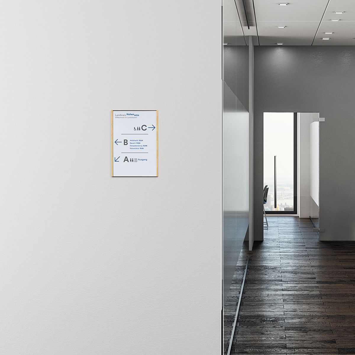 Wandschild, Modell LMH, ~ DIN A3, Hochformat, Holzrahmen Ahorn kombiniert mit schwarzem Aluminium