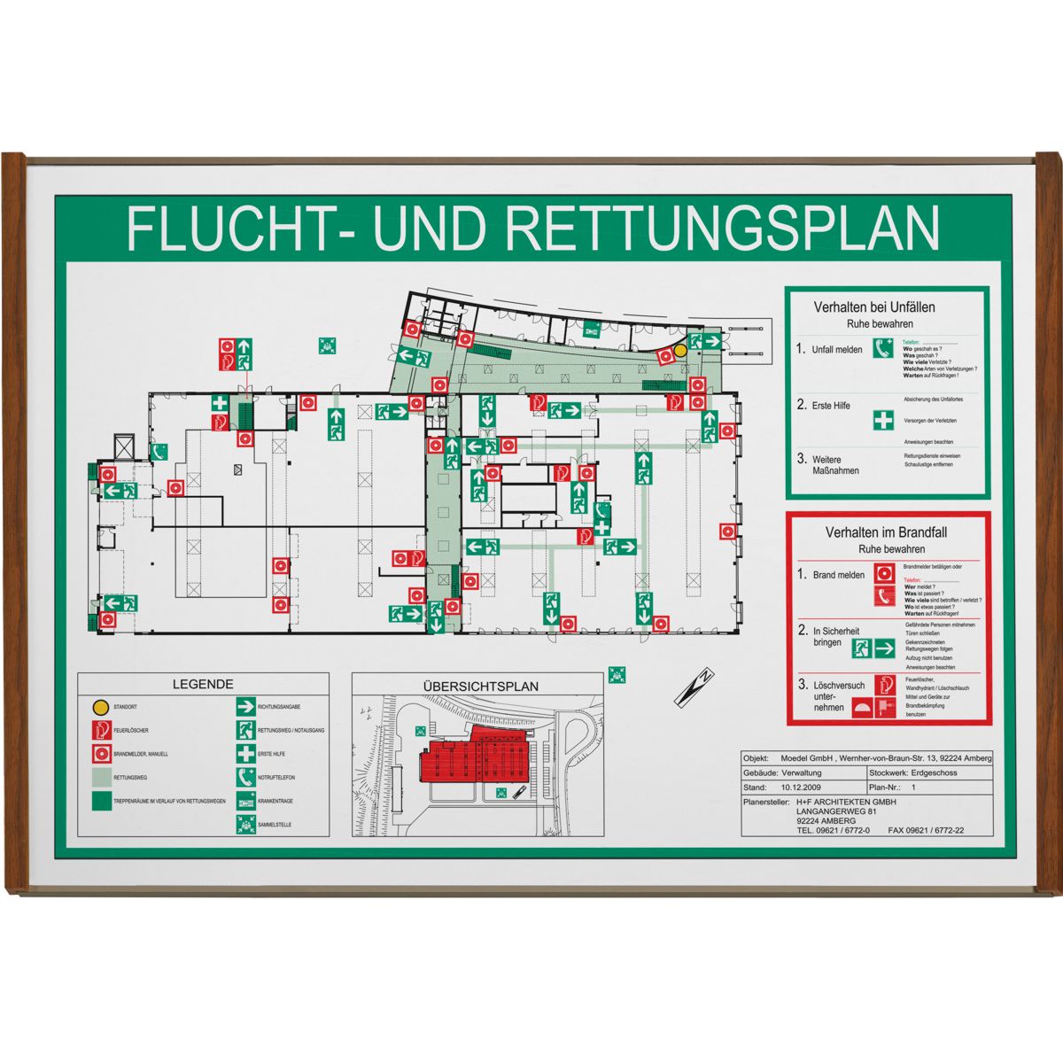Wandschild, Modell LMH, ~ DIN A3, Querformat, Holzrahmen Nussbaum kombiniert mit bronzefarbenem Aluminium