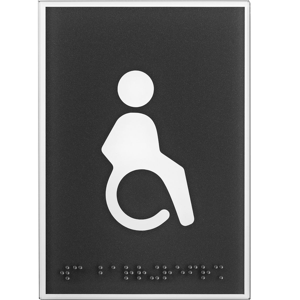 WC Schild Barrierefrei aus Glas mit dunkelgrauem Motiv, 148 x 105 mm (H x B), Klebemontage, mit tastbarer Braille Schrift