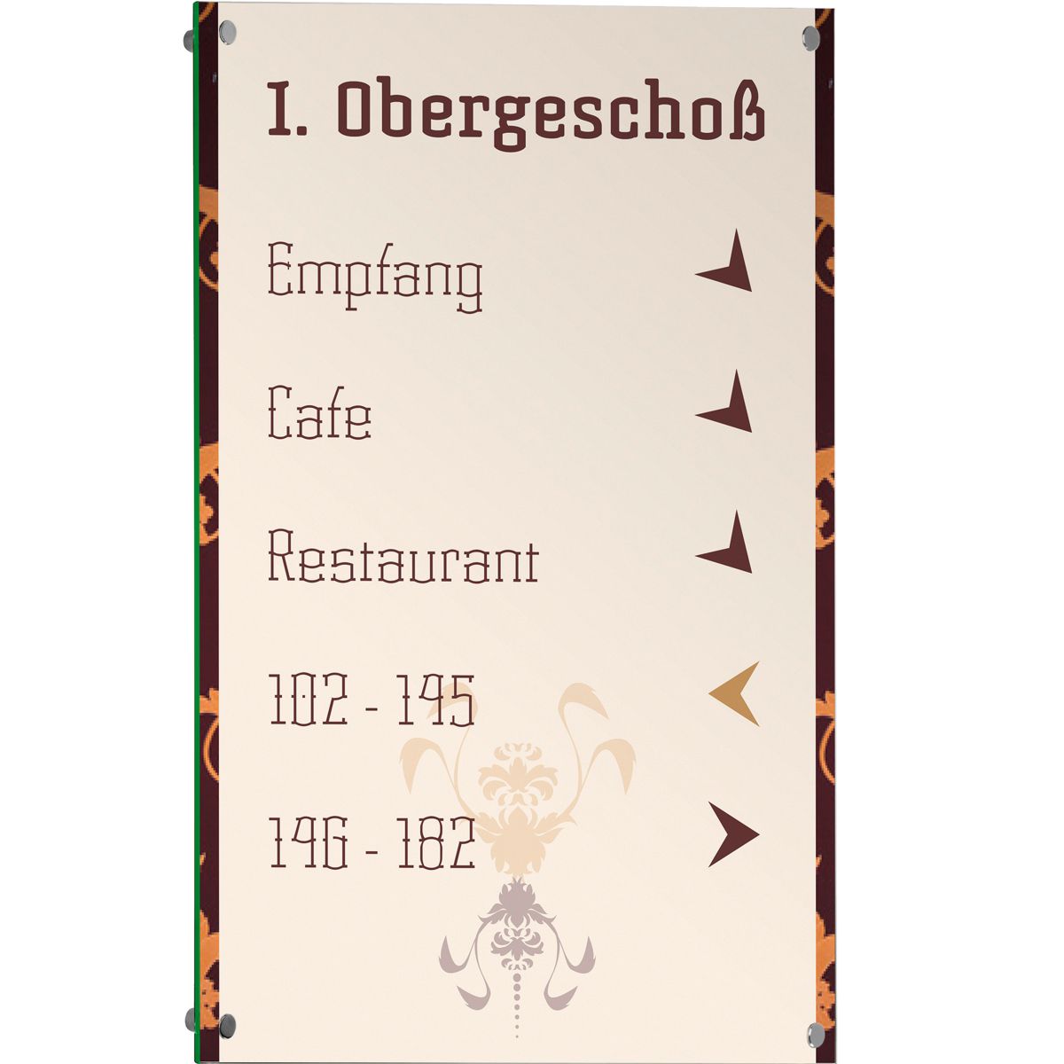 Wandschild, Modell Galerie, 1 Scheibe ESG, 750 x 500 mm, 4 Abstandhalter (25 mm Wandabstand, gesichert mittels Madenschraube)